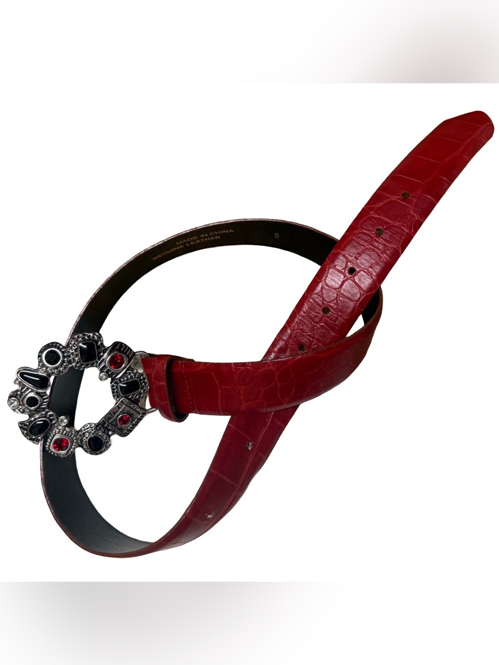 Y2K Genuine Leather Embossed
Belt with Gemstone Buckle